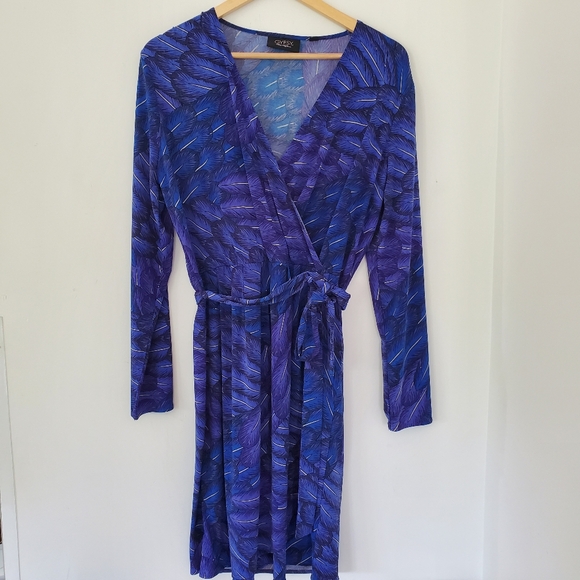 MARA HOFFMAN GYPSY M Blue Feather Print Faux Wrap 39" Dress LS Party Office EUC - Picture 1 of 13